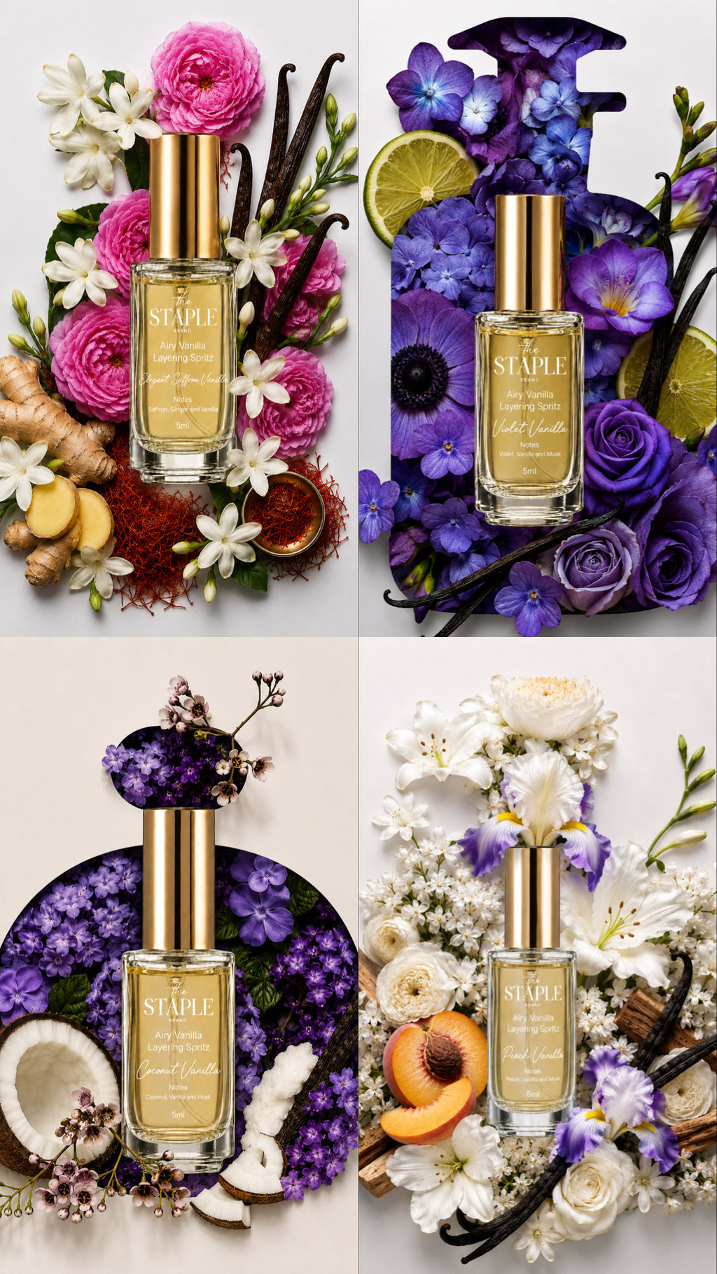 Elegant Saffron Vanilla, Violet Vanilla, Coconut Vanilla, Peach Vanilla Layering Spritz Collection Discovery Set